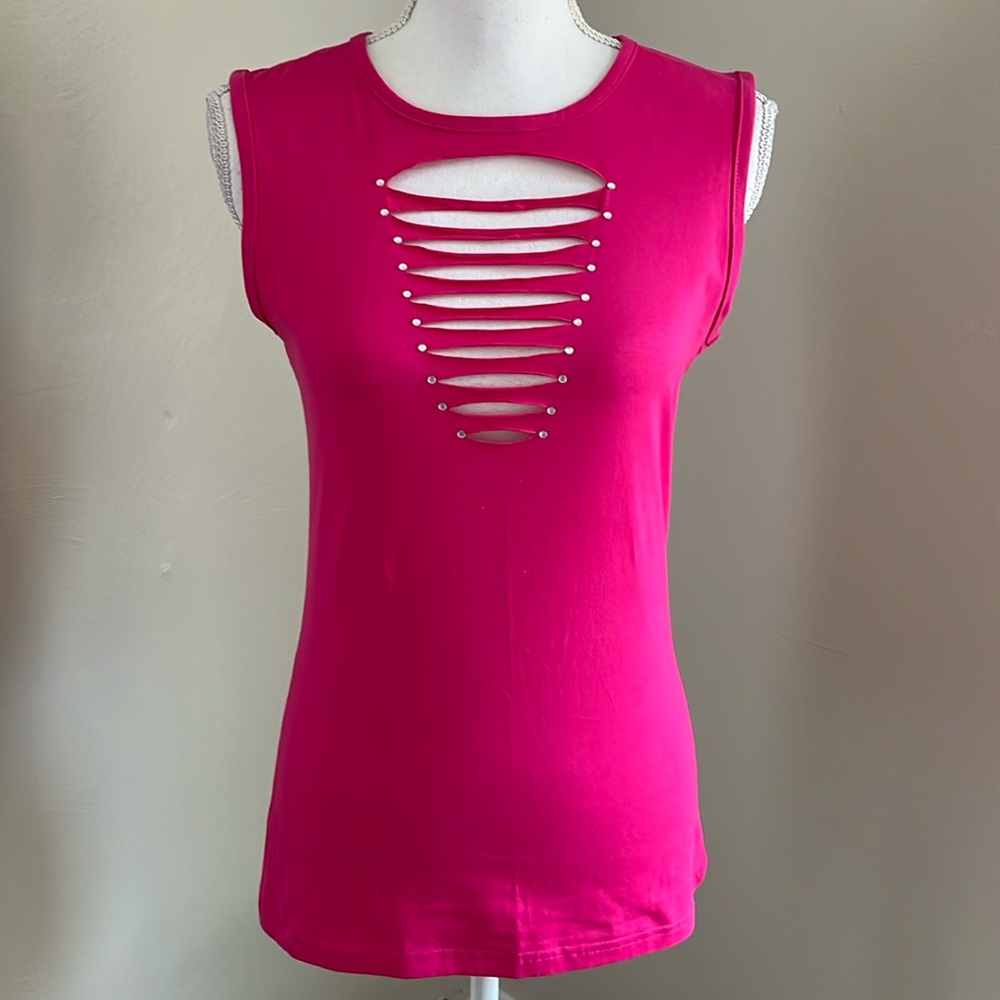 Vance Bikerwear Pink Cutout Rhinestone Tank Top